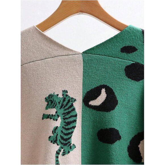 Women's Leopard Tiger Print Cardigan V Neck Long Sleeve Color Block Sweater - Picture 7 of 7